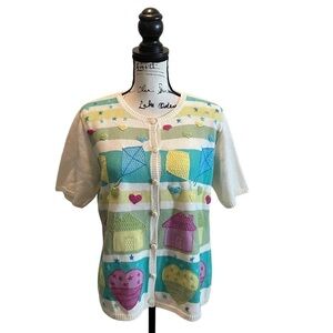 In Stitches by Eagle Eye Vintage Cardigan Sweater Pastel Large Kites Hearts Star